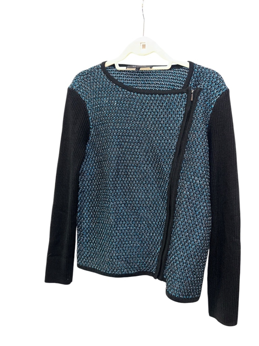 St. John Nautical turquoise black Santana knit moto zip sweater jacket S